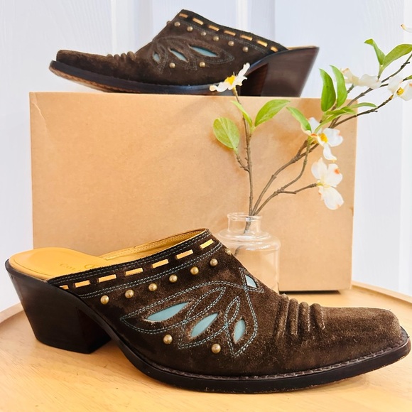 COLE HAAN ~ Women's Brown Suede Leather Mules with Blue Embellishments size 8 - Picture 1 of 8